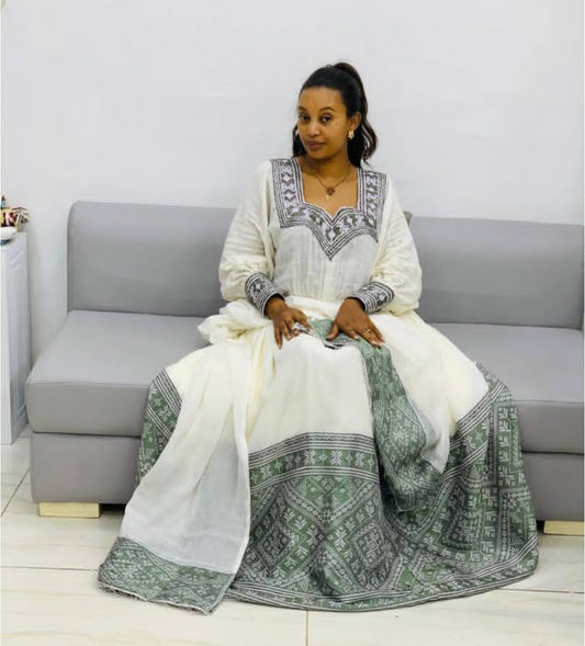 White Habesha Dress with Siliver & Grey Tibeb – Refined Ethiopian Kemis Bezawit