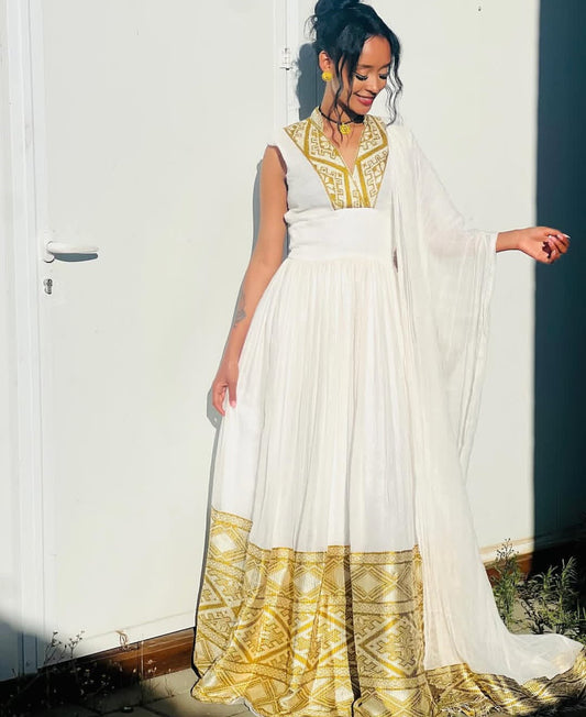 Modern Sleeveless Ethiopian Attire Habesha Dress with Golden Tibeb Trim Bezawit