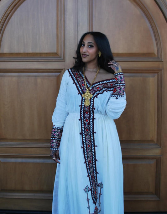 Elegant White Habesha Dress - Traditional Ethiopian Attire with Maroon & Gold Embroidery Bezawit