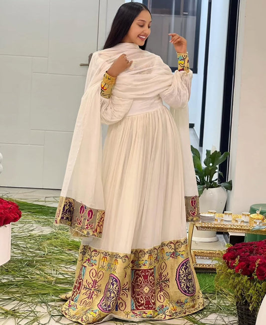 Elegant V-neck Habesha Dress with Multi-Color & Gold – Modern Ethiopian Attire Bezawit