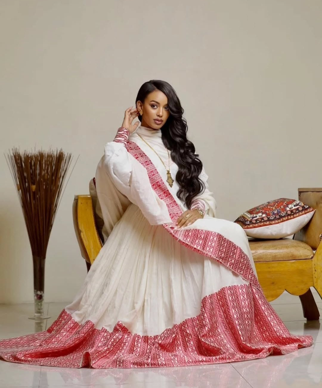 Elegant White & Pink Habesha Zuria - Traditional Ethiopian Dress for Grand Celebrations Bezawit