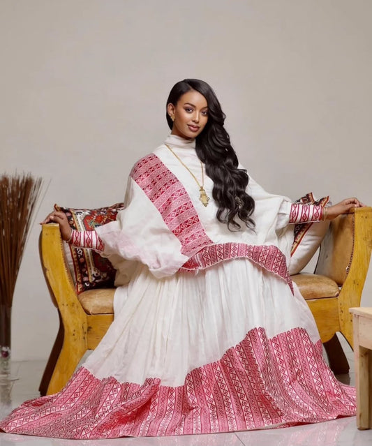 Elegant White & Pink Habesha Zuria - Traditional Ethiopian Dress for Grand Celebrations Bezawit