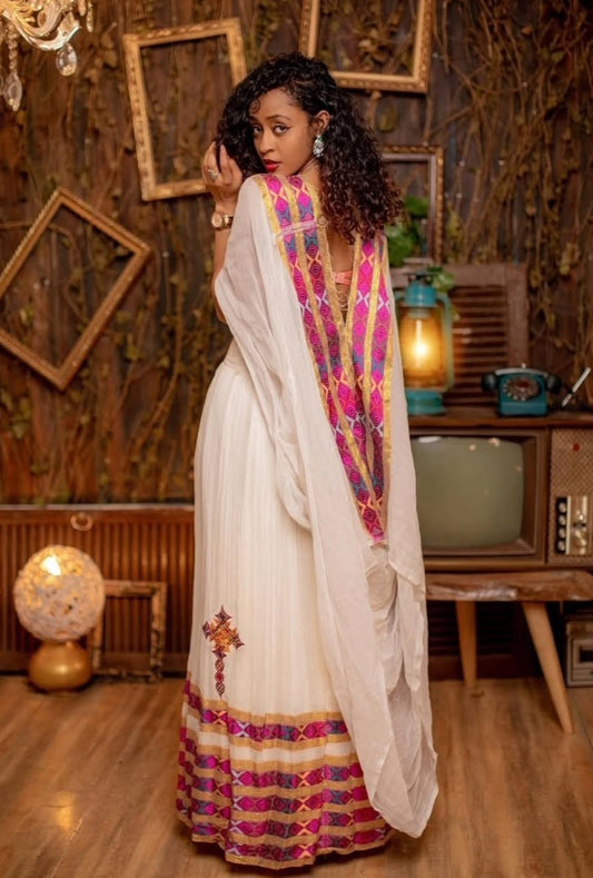 vibrant White Habesha Kemis - Ethiopian Dress with Pink & Gold Accents for Parties Bezawit