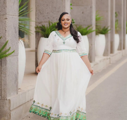 Fresh Green & White Habesha Dress - Traditional Ethiopian Attire for Festive Gatherings Bezawit