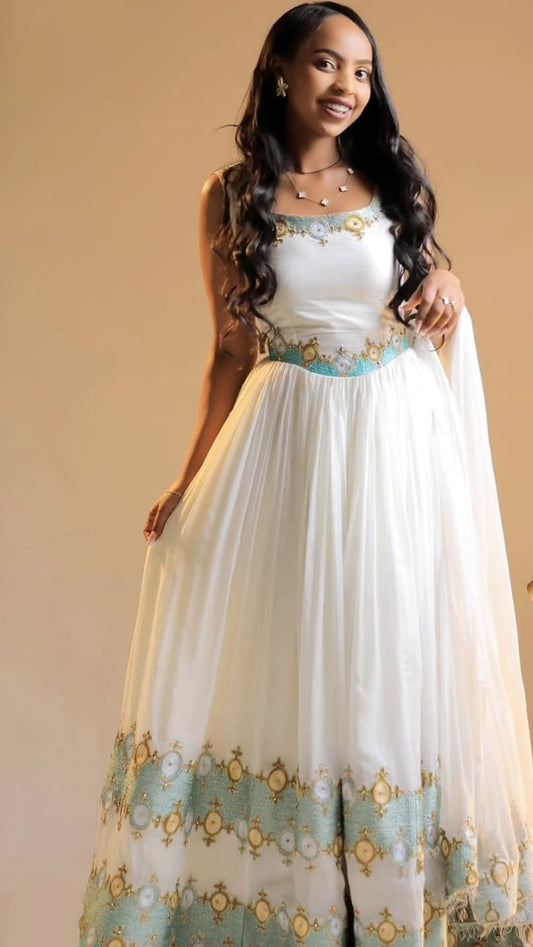 Stunning Teal & White Habesha Dress - Sleeveless Ethiopian Kemis for Elegance Bezawit