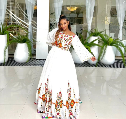Artistic Off-Shoulder Habesha Dress - Modern Ethiopian Attire with Bold Colors Bezawit