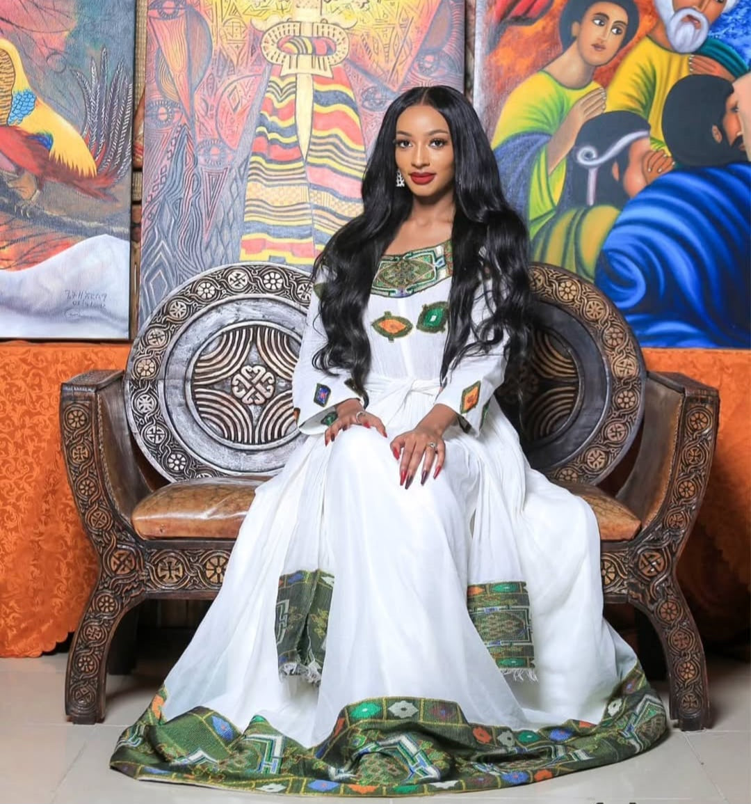 Unique Green & White Habesha Kemis - Modern Ethiopian Dress with Bold Patterns Bezawit