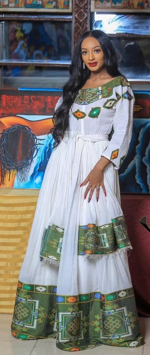 Unique Green & White Habesha Kemis - Modern Ethiopian Dress with Bold Patterns Bezawit