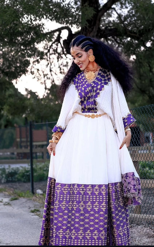 Majestic Modern Habesha Kemis - Ethiopian Zuria with Vibrant Purple & Gold Design Bezawit
