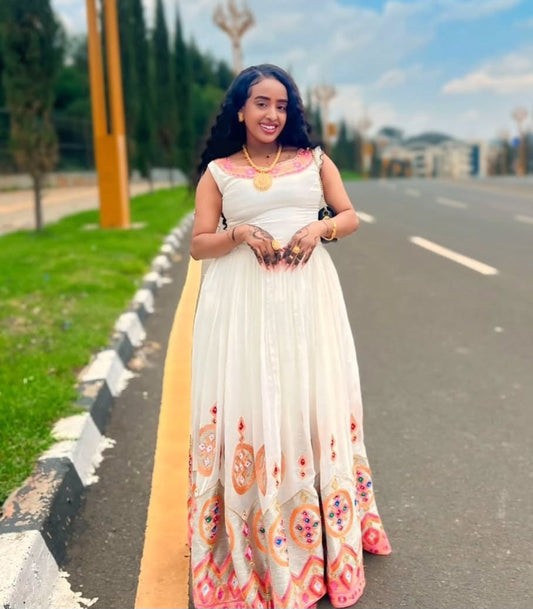 Chic Classic Habesha Dress - Modern Ethiopian Attire with Orange & Pink Embroidery Bezawit