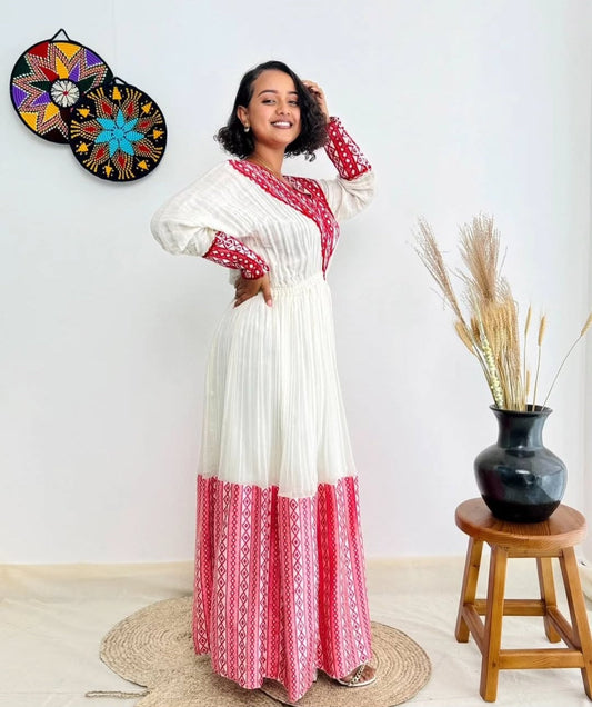 Radiant Pink & White Habesha Dress - Ethiopian Cultural Kemis for Joyful Events Bezawit