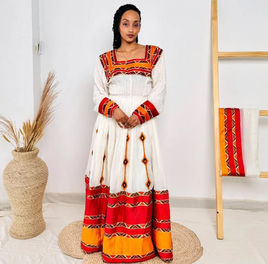 Vibrant Red & Orange Habesha Dress - Ethiopian Kemis for Festivities Bezawit