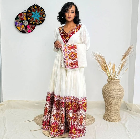 Vibrant White Habesha Kemis - Traditional Ethiopian Dress with Red & Gold Details Bezawit