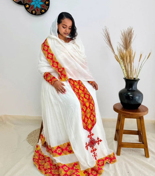 Radiant Ethiopian Traditional Habesha Dress Attire with Red & Gold Motif Bezawit
