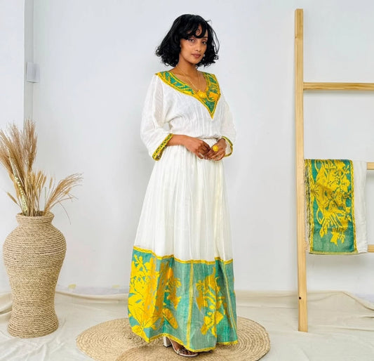 Elegant White Habesha Kemis - Ethiopian Dress with Green & Yellow Tilet Bezawit