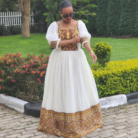 Regal Ethiopian Habesha Dress - Zuria with Gold & Brown Embroidery Bezawit