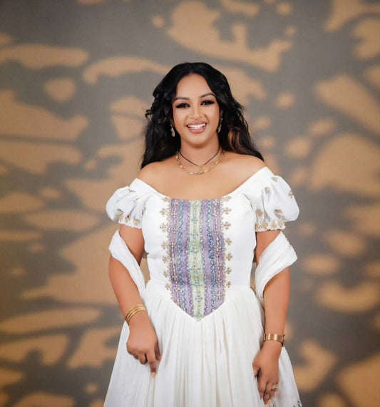 Vibrant Habesha Kemis - Modern Ethiopian Dress with Green & Purple Tibeb Bezawit