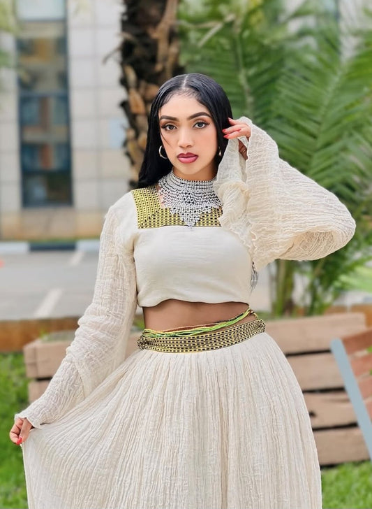 Chic Ivory Habesha Set - Modern Ethiopian Dress with Green & Gold Trim Bezawit