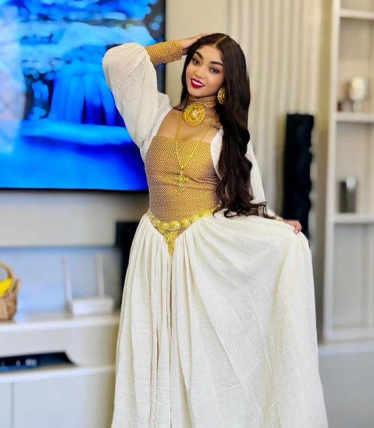 Simple Habesha Dress - White and Gold Ethiopian Gown with Corset Detail Bezawit