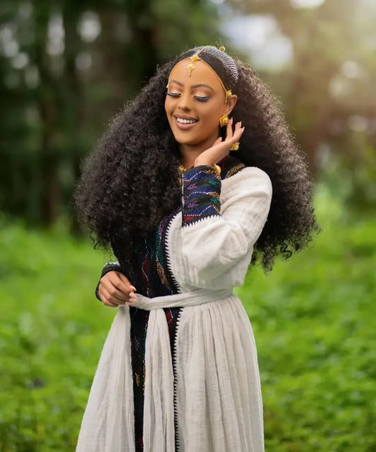 Artistic Gonder Fetel Habesha Dress - Handwoven Ethiopian Attire with Bold Sleeve Details Bezawit