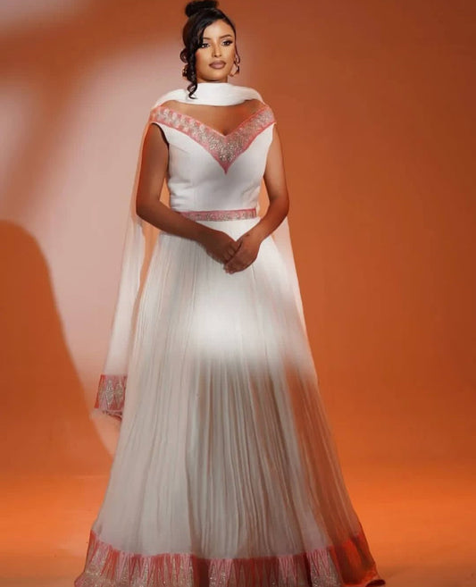 Modern Ethiopian Gown - White Habesha-Inspired Dress with Pink Accents Bezawit