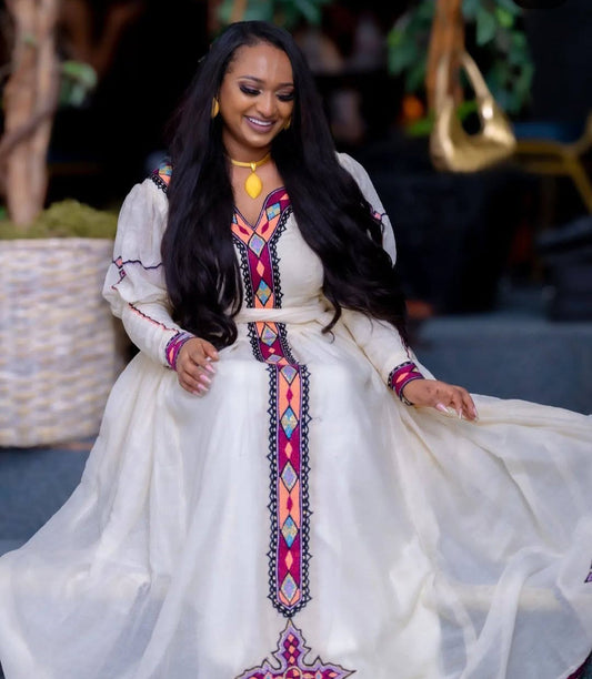 Radiant White Habesha Dress for Women - Vibrant Embroidered Ethiopian Kemis Bezawit