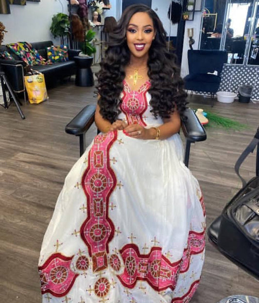 Festive Habesha Dress - White Ethiopian Kemis with Rose Gold Embroidery Bezawit