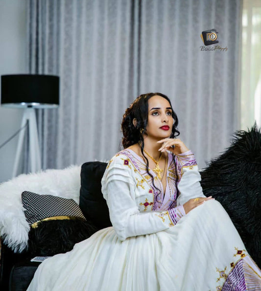Elegant White Zuria - Classic Ethiopian Dress with Delicate Purple Embroidery Bezawit