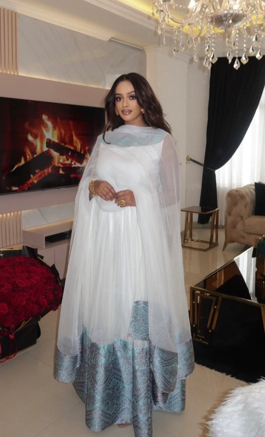 Modern Habesha Dress - Sleeveless White Ethiopian Gown with Teal Trim Bezawit