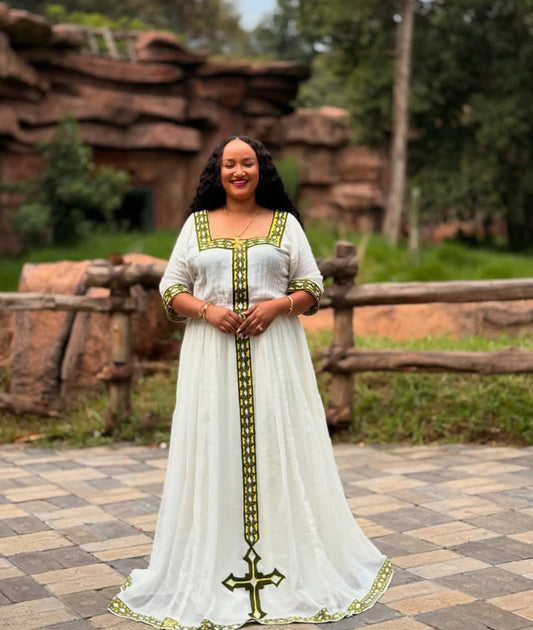 Graceful Ethiopian Habesha Dress - White Kemis with Yellow Cross Embroidery Bezawit