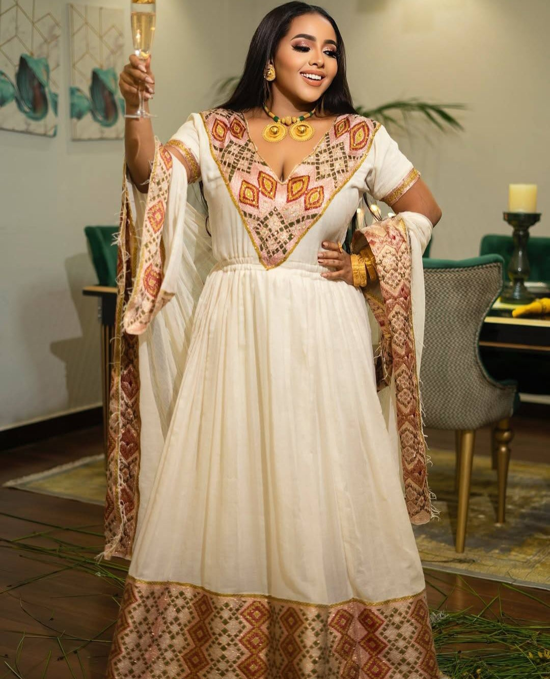Elegant Modern Habesha Dress - Ethiopian Kemis with Geometric Patterns Bezawit