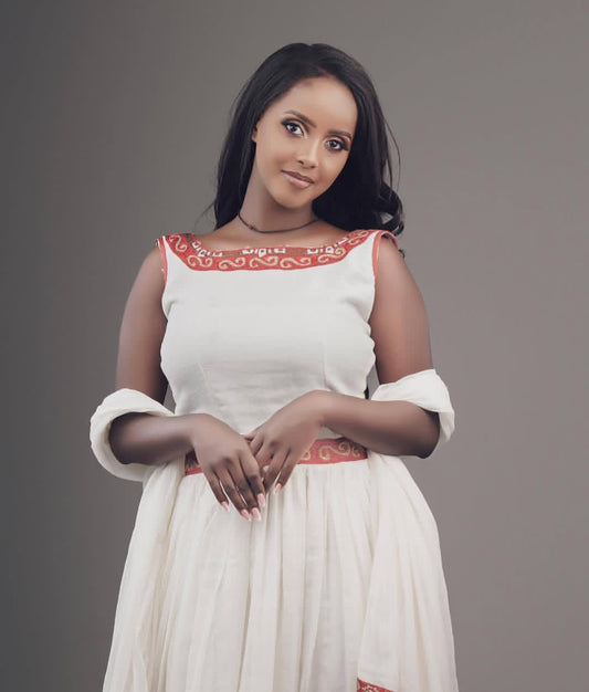 Serene White Habesha Zuria - Ethiopian Traditional Dress with Red Border Bezawit