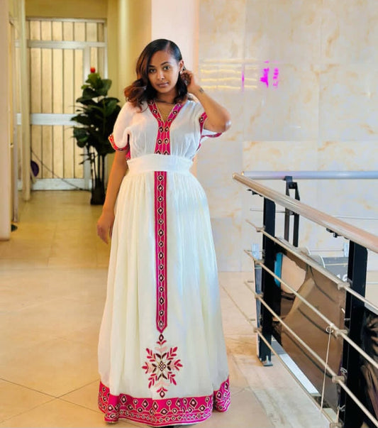 Simple Pink Habesha Dress - Ethiopian Kemis with Central Embroidery Bezawit
