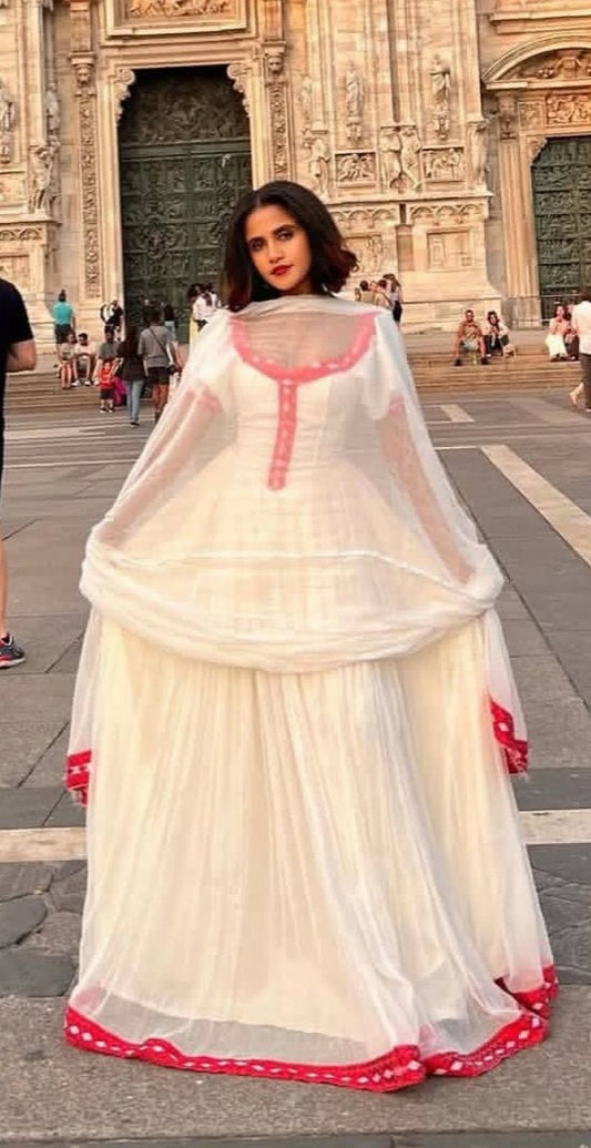 Pure White Habesha Zuria - Simple Ethiopian Dress with Delicate Red Trim Bezawit