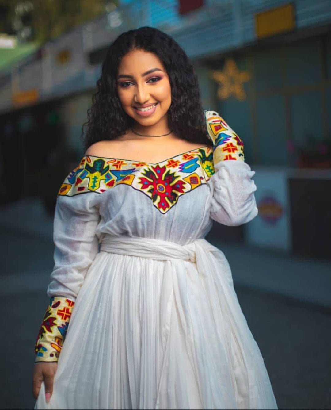 Artistic Off-Shoulder Habesha Dress - Ethiopian Kemis with Vibrant Embroidery Bezawit