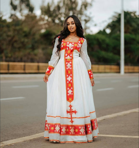 Classic Red & White Habesha Dress - Ethiopian Kemis with Striking Cross Design Bezawit