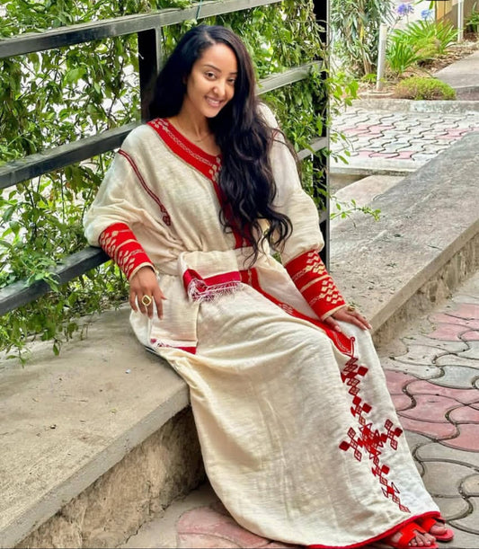 Elegamt Red Gonder Fetel Habesha Dress - Comfortable Ethiopian Kemis Bezawit