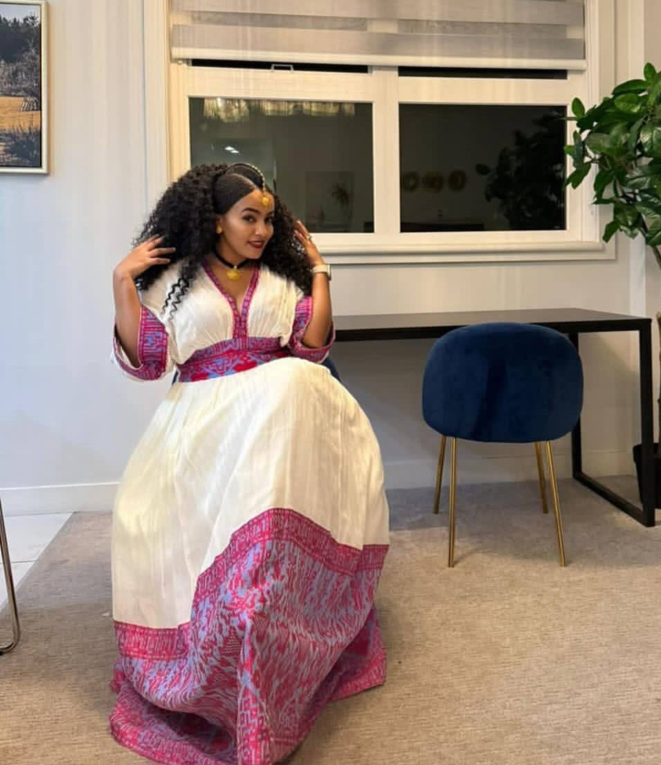 Elegant Pink & Purple Habesha Dress - Ethiopian Zuria with Intricate Patterns Bezawit