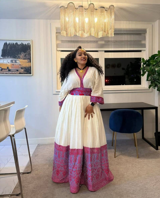 Elegant Pink & Purple Habesha Dress - Ethiopian Zuria with Intricate Patterns Bezawit