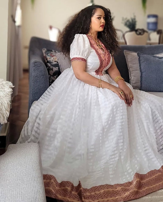 Flowing White Habesha Dress - Ethiopian Kemis for Festivities Bezawit