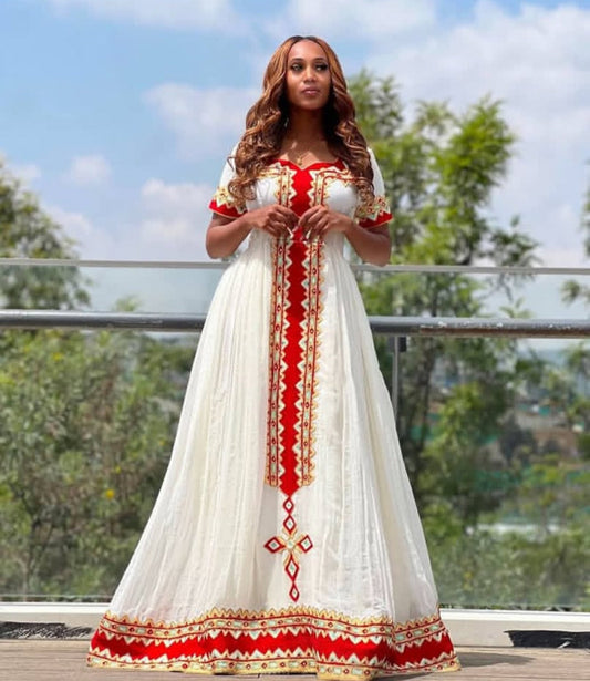 Elegant Habesha Dress with Red Tibeb – Handwoven Ethiopian Traditional Dress for Women Bezawit