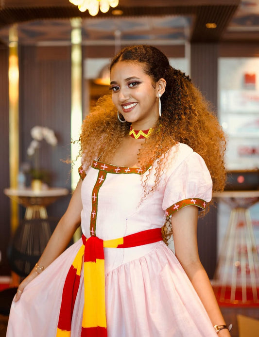 Ethiopian Dress – Red Cotton habesha Kemis with Traditional Cross Design
