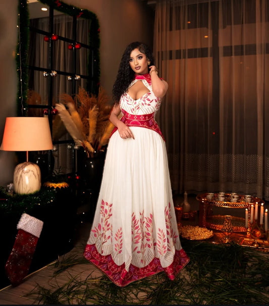 Habesha Dress – White & Red Modern Ethiopian kemis Style with Cutout Detail