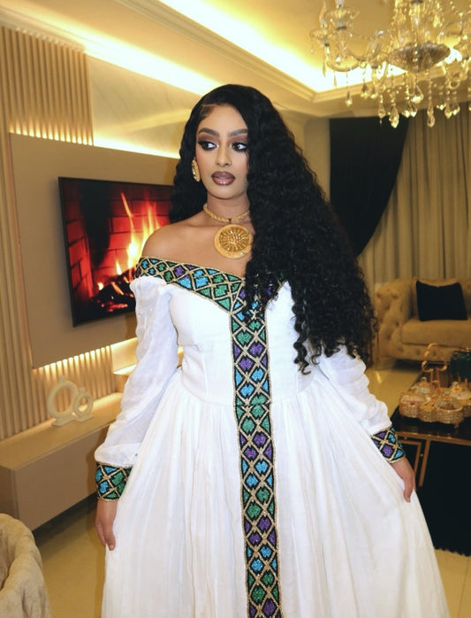 Ethiopian Dress – Elegant White modern Kemis with Black Embroidery