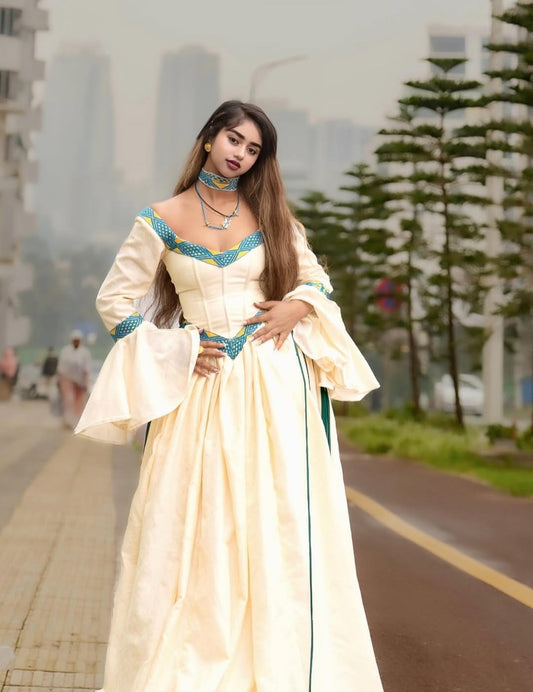 Habesha Dress – White Kemis with blue Embroidery for Cultural Festivals