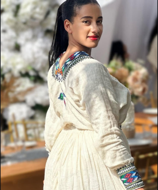 Elegant Eritrean Dress – Sky-Blue Cotton with Silver Thread Embroidery