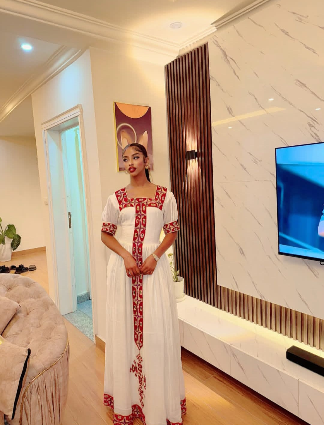 Habesha Libs – Handmade white dress with classic red borders