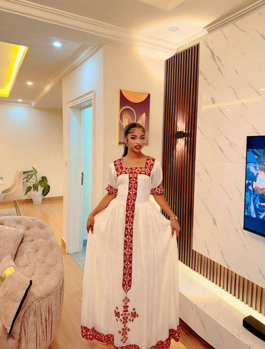 Habesha Libs – Handmade white dress with classic red borders