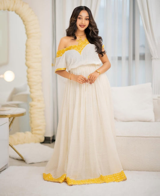 Habesha Kemis - White Cotton with yellow tibeb Borders