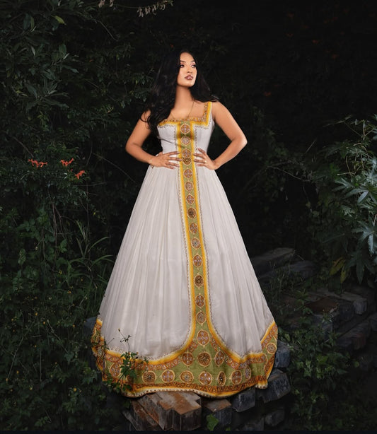 Habesha Dress - Gold & White Dress with Hand-Stitched tibeb